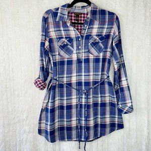 Bit & Bridle Long Sleeve Shirt Women’s SMALL Plaid Lined Henley Button Neck Blue